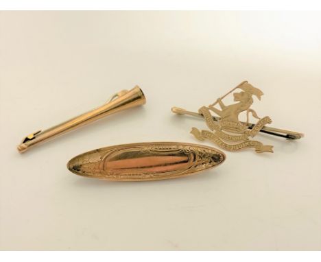 Three gold antique brooches including a hunting horn and West Riding Regiment, 7g.