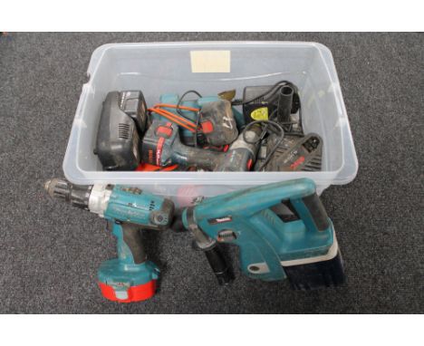 A box of assorted power tools to include Black &amp; Decker drill and sander, Makita hammer drill, electric drill, batteries 