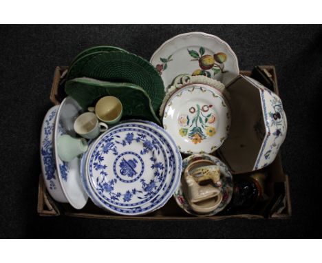 A box of antique and later china, leaf dishes, blue and white plates, Royal Worcester oven dish etc 