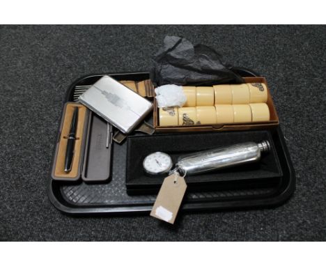 A tray of Charles Rennie Mackintosh style engraved hip flask, cigarette case, pocket watch, twelve boxed Northern Goldsmiths 