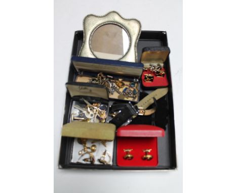 An Art Deco silver plated photo frame, large collection of gent's cuff links, watch fobs, watch keys, Sekonda and Rotary wris