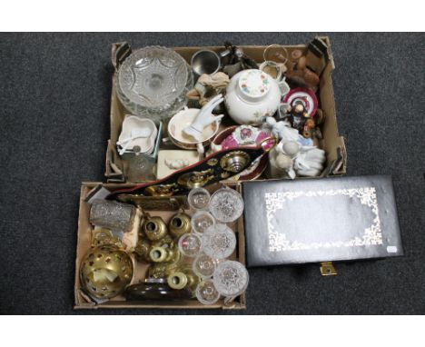 Two boxes of assorted brass ware, glass ware, china figures, barometer, and a leather jewellery box. 