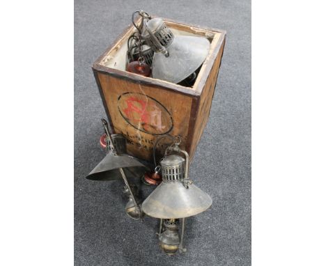 A tea chest of five antique style light fittings. 