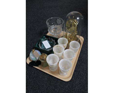 A tray of six onyx goblets, boxed Waterford Crystal Marquis floral bowl, Argyle anniversary clock, table lighter etc 