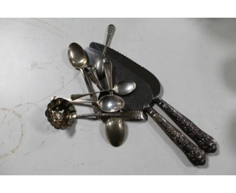 A collection of silver cutlery, caddy spoon, five teaspoons, two silver handled cake slices etc 