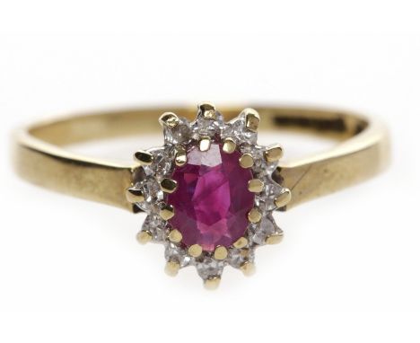 NINE  CARAT GOLD RUBY AND DIAMOND CLUSTER RINGthe central oval ruby 5.2mm long and surrounded by round diamonds, size L, 1.5g