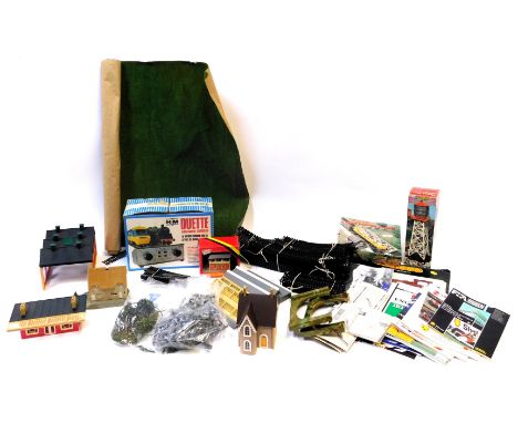 OO gauge accessories, to include track, Hornby signal box, a Tracksiders Bedford blinking light water tower, a Duette transfo