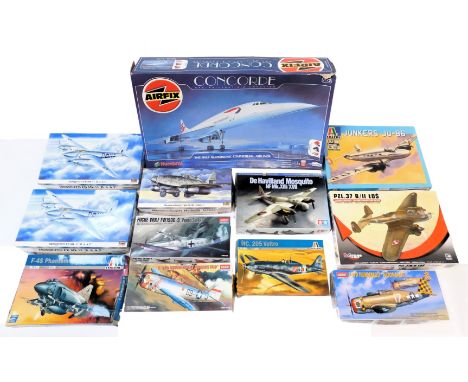 Various aircraft kit builds, comprising Airfix Concorde 1-72 scale, Italeri MC205 Veltro, and Junkers JU86, Hasegawa Messersc