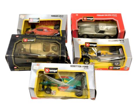 Five Burago diecast models, comprising The Williams FW14, Mercedes Benz SSK 1928, Benetton Ford, Ferrari 250 GTO and Ferrari 