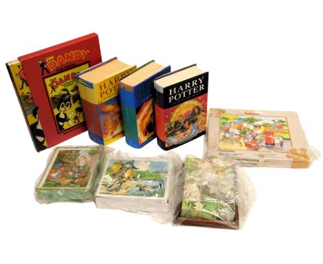 Four Victory wooden jigsaws, Danby book and three Harry Potter books, to include Order of the Phoenix, Deathly Hallows and Ha