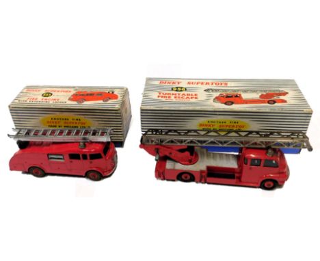 Two Dinky diecast fire brigade vehicles, comprising the fire engine with extending ladder number 955, and the turntable fire 