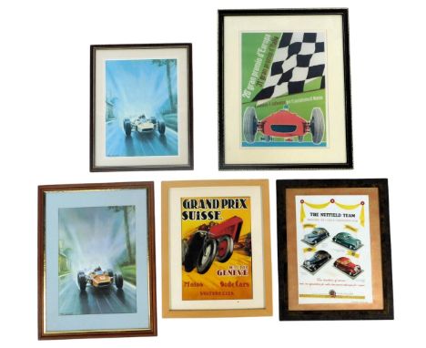 Motoring related prints, including John Surtees Last Race for Ferrari Winning the Belgian Grand Prix 1996, Grand Prix Swiss r