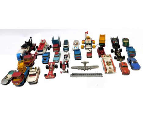 Various diecast play worn vehicles, comprising Dodge trucks, trailer, Corgi Toys Jeep FC-150, Luna Bug, Chipperfield Circus a