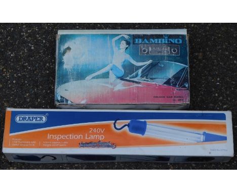A Draper 240 volt inspection lamp, and a Bambino Deluxe car radio SL-850, boxed. (2)