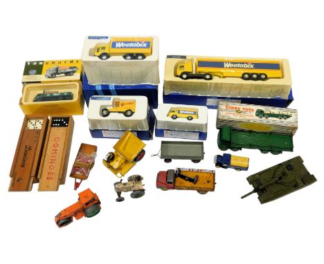 Diecast play worn vehicles, comprising Dinky Toys flat bed truck 905, four Weetabix models, a Dinky tank, Vanguards Carlsberg