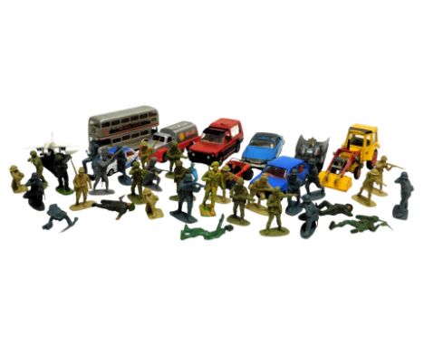 Corgi play worn diecast and plastic toy soldiers, including Corgi Toys Concorde, Corgi Toys 267 Batmobile, Corgi Jaguar XJI 2