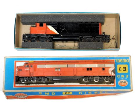 Athearn and Model Power HO gauge locomotives, including an EMDE7 diesel locomotive powered Canadian Pacific, and a SD40-2LW C