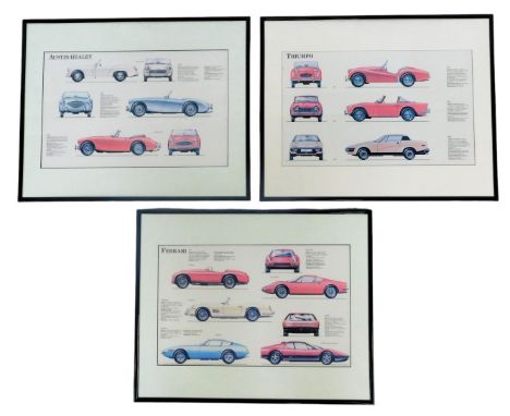 Motoring related prints, including Austin Healey, Ferrari and Triumph. (3)