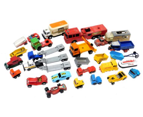 Matchbox play worn diecast, including Matchbox Superkings K39 snorkel fire engine, Matchbox Superkings Bedford TM skip truck,