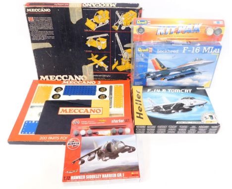 Model kits, comprising an Airfix 1:72 scale Hawker Siddeley Harrier GR1, a Heller F-14A Tomcat, a Revell Lockheed F-16 MLU, t