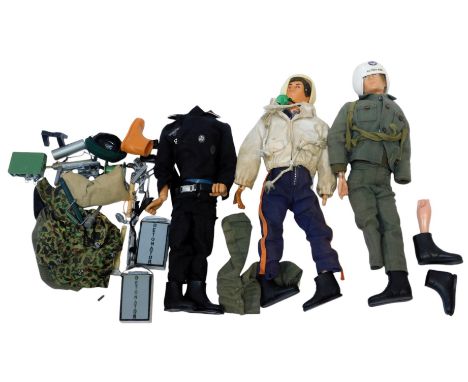 Palitoy Action Man figures, clothing and accessories, including Action Man, various clothing, detonators, grenades, helmets, 