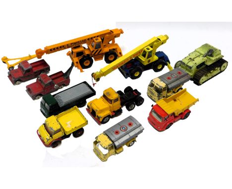 Corgi play worn diecast construction vehicles, including mobile crane, Corgi Toys Unimog 406, Corgi Major Toys EuclidTC12 tra