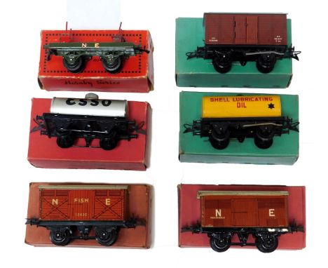 Hornby Series O gauge rolling stock, including lumber wagon No.1, 42210 No.1 petrol tank wagon Esso, RS700 No.2 meat van, RS6