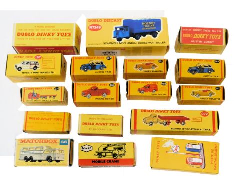 A collection of Dublo, Dinky and other diecast vehicles, comprising Austin taxi 067, two Singer Roadsters 62, the Lansing Bag