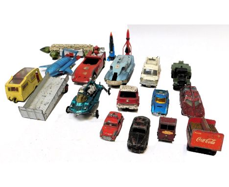 Various Dinky and other diecast play worn vehicles, comprising four berth caravan, Thunderbird 2, 3 and 1, Tri-ang red car, D