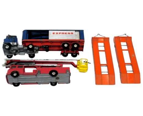 A Corgi Major Toys articulated trailer 1137, a Corgi Major Toys snorkel fire engine, and two Lesney Matchbox Series King trai