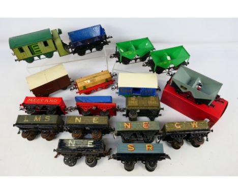 Hornby - 17 off O gauge tinplate goods rolling stock to include open wagons, hopper wagons, snow plough and other of which on