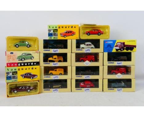 Corgi - Vanguards - A mixed lot of 15 diecast vehicle in 1:43 scale to include #VA01205 VW Beetle Split-Screen Green, #VA0860