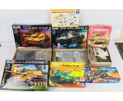 Revell - Italeri - Monogram - Aurora - Seven boxed plastic military model kits in various scales. Lot includes Revell #03306 