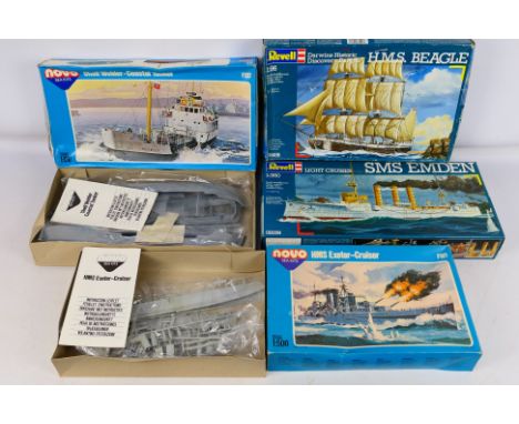 Revell - Novo - Four boxed plastic model ship kits in various scales. Lot includes Nov F137 1:130 scale Shell Welder; Revell 