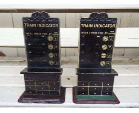 Bing - two O scale Train Indicators, tinplate black and golden on a brown base, stamped BW Bavaria to the base, probably 1930