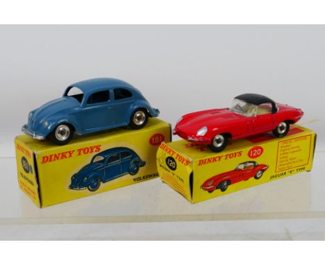 Dinky - A pair of diecast Dinky vehicles to include #120 Jaguar E Type and #181 Volkwagen. Items show signs of light use but 