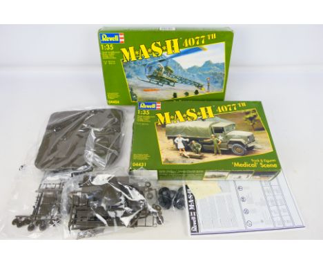 Revell - Two boxed vintage plastic 1:35 scale model kits, consisting of Revell #04404 MASH 4077th 'Bell H-13H Helicopter; wit