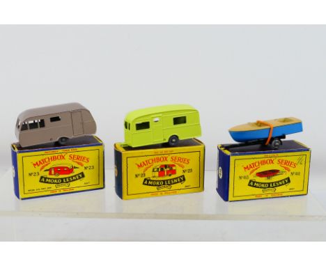 Matchbox - 3 x boxed models, Berkeley Cavalier Caravan in lime with grey plastic wheels # 23, a Bluebird Dauphine Caravan wit
