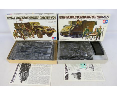 Tamiya - Two boxed Tamiya 1:35 scale plastic military model kits. Lot consists of #35083 M21 US Half Track 81mm Mortar Carrie