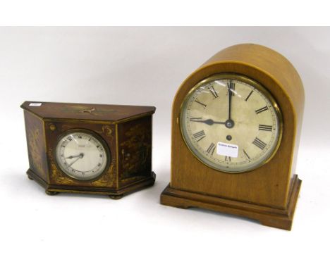 Small mantel clock timepiece, the 3.25" silvered dial signed Hancock & Son, 29 King Street, Manchester within a chinoiserie d