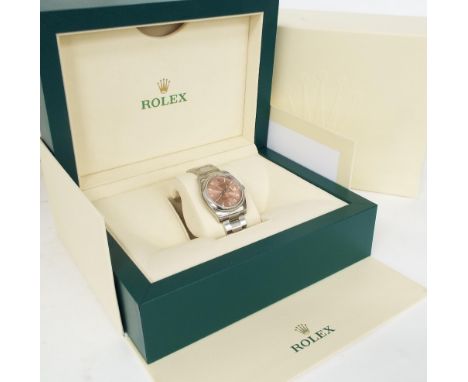 Rolex Oyster Perpetual Date stainless steel gentleman's bracelet watch, ref. 115200, ser. no. 863Wxxxx, the pink dial with ba