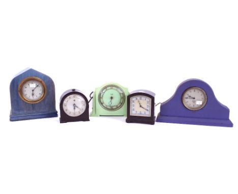 Smiths green Bakelite mantel clock timepiece, 5.75" high; together with two Smiths brown Bakelite electric clocks, each 4.75"
