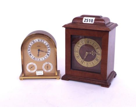 Small walnut Smiths mantel clock with platform escapement, within a stepped case surmounted by a caddy top, 7.5" high; also a