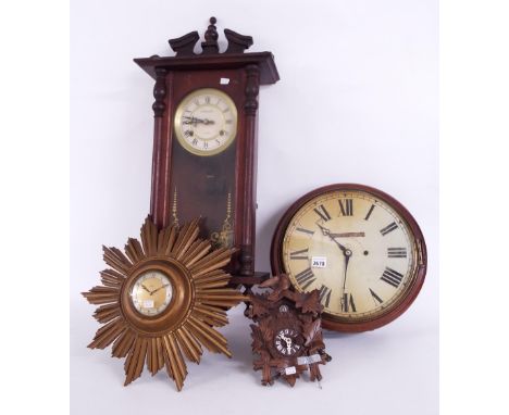 Smiths giltwood eight day sun ray clock, 15" diameter; together with a mahogany single train 12" wall dial clock, a small con