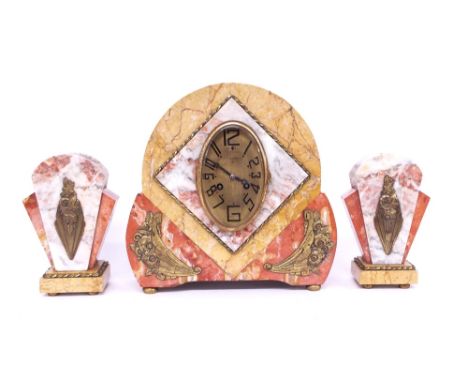 French Art Deco Sienna pink and white marble two train mantel clock garniture, the movement with outside countwheel striking 
