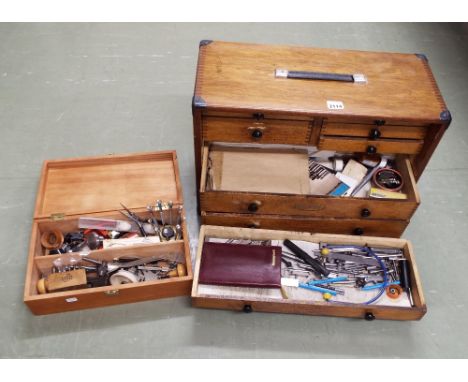 Wooden watch/clockmaker's chest and a further wooden box containing a good selection of precision tools including lathe attac