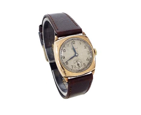 9ct cushion case mid-size wristwatch, London 1937, the circular engine turned silvered dial inscribed 'Federal', with black R