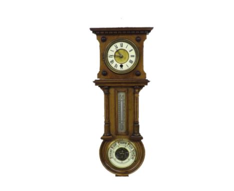 Walnut wall clock compendium, inset with a 4" single train movement over a thermometer and aneroid barometer within a shaped 
