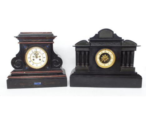 French black marble two train mantel clock striking on a gong, the 3.5" dial within a stepped temple case, 13.5" high (pendul