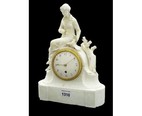 English biscuit porcelain single fusee figural mantel clock, the 3.25" convex white dial with an ormolu bezel, within a brick